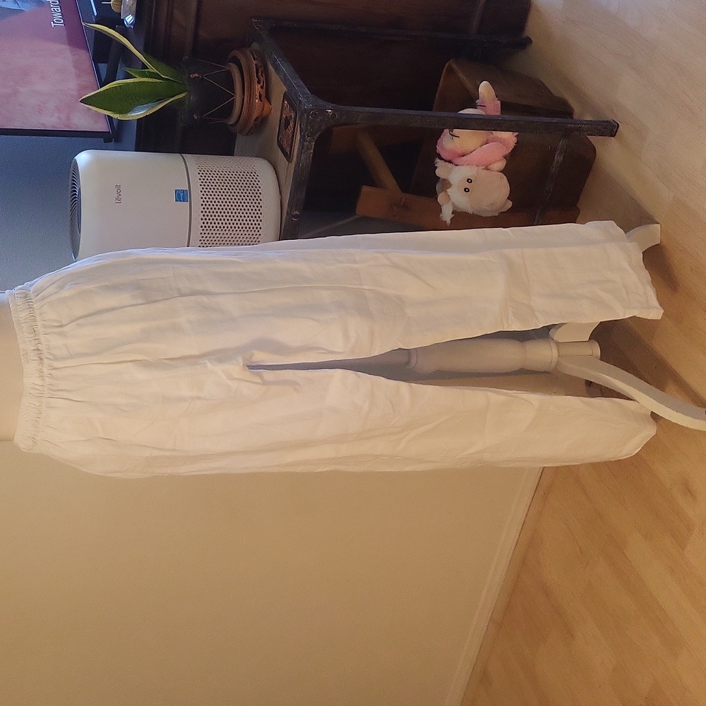 Subdued White Linen Loose Leg Pants Stretchy Waist - Picture 4 of 12